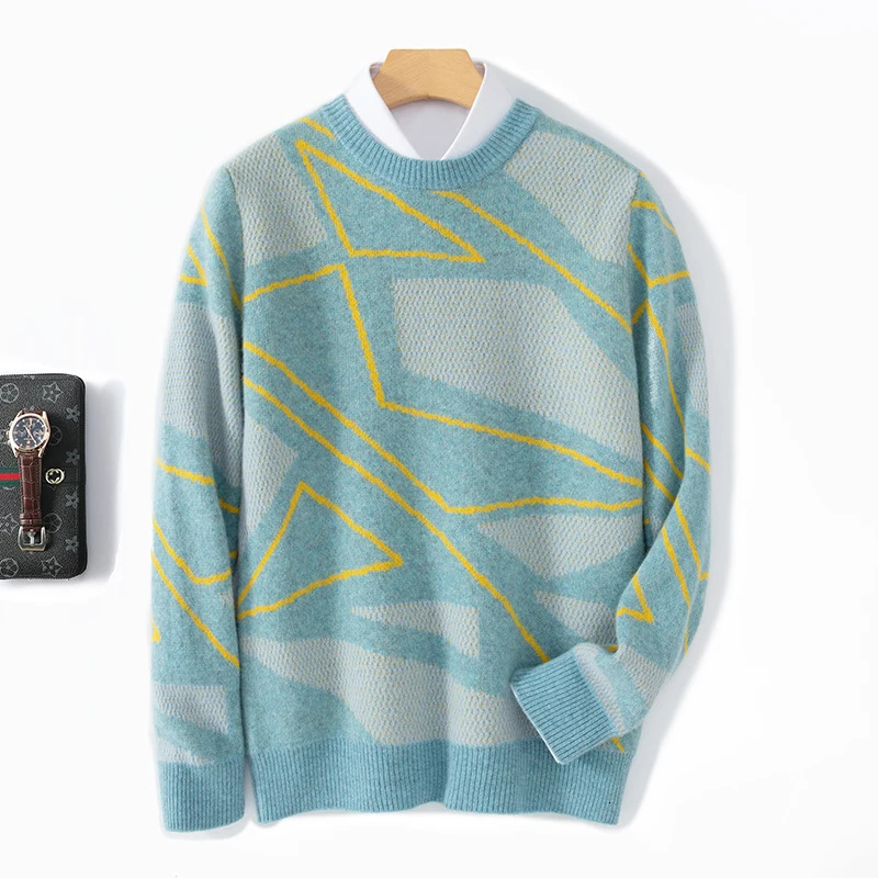 100% pure wool mens Oneck thick color matching sweater autumn and winter business casual loose knit cashmere 241018