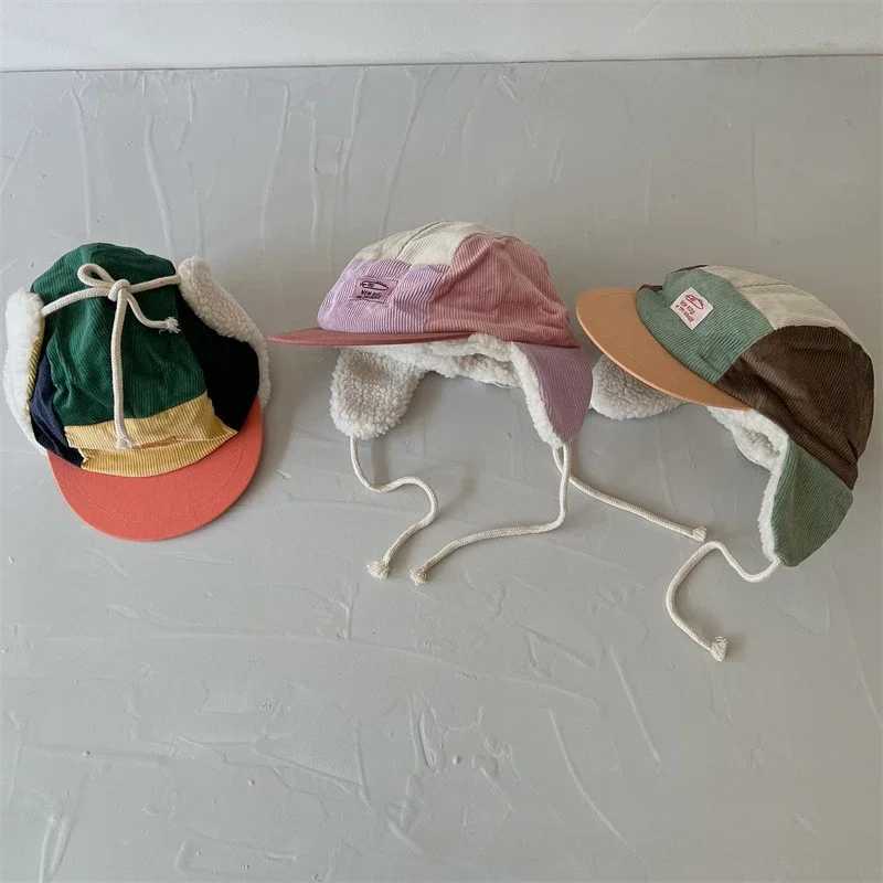 4-6Y Winter Kids Hat Corduroy Baseball Caps Fur Lining Patchwork Warm Hat 50-52CM LX241018