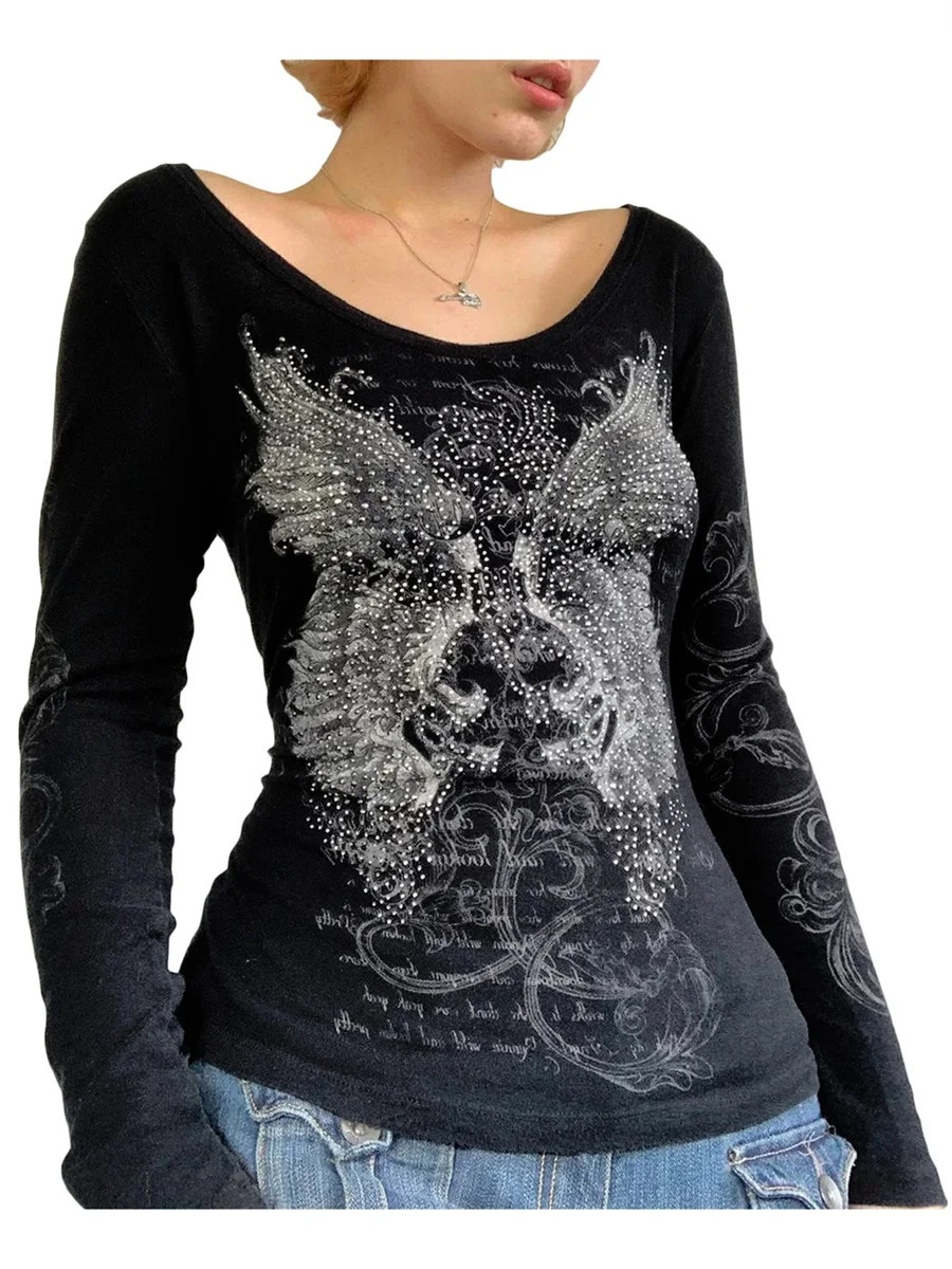 Y2k Fairy Grunge Graphic Long Sleeve Tees Tops Women Autumn EGirls Aesthetic Gothic Floral Print Baggy T Shirts Emo Clothes 241018