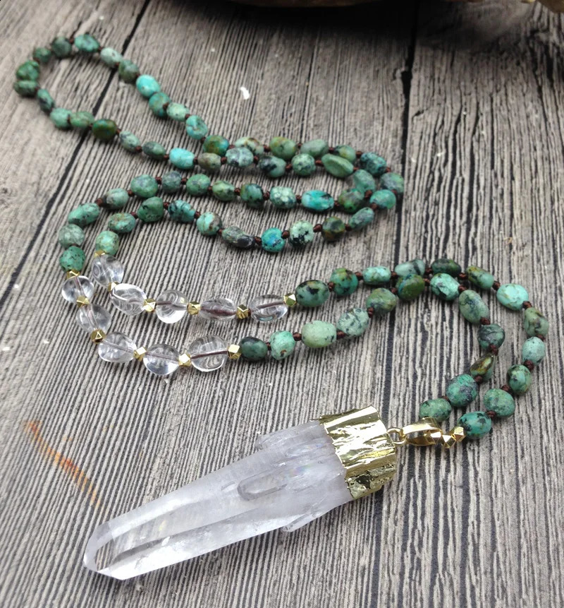 YA2829 Natural Quartz Pendant African Turquoise Quartz Irregular Gold Nuggets Bead Knot Handmade Necklace 241018