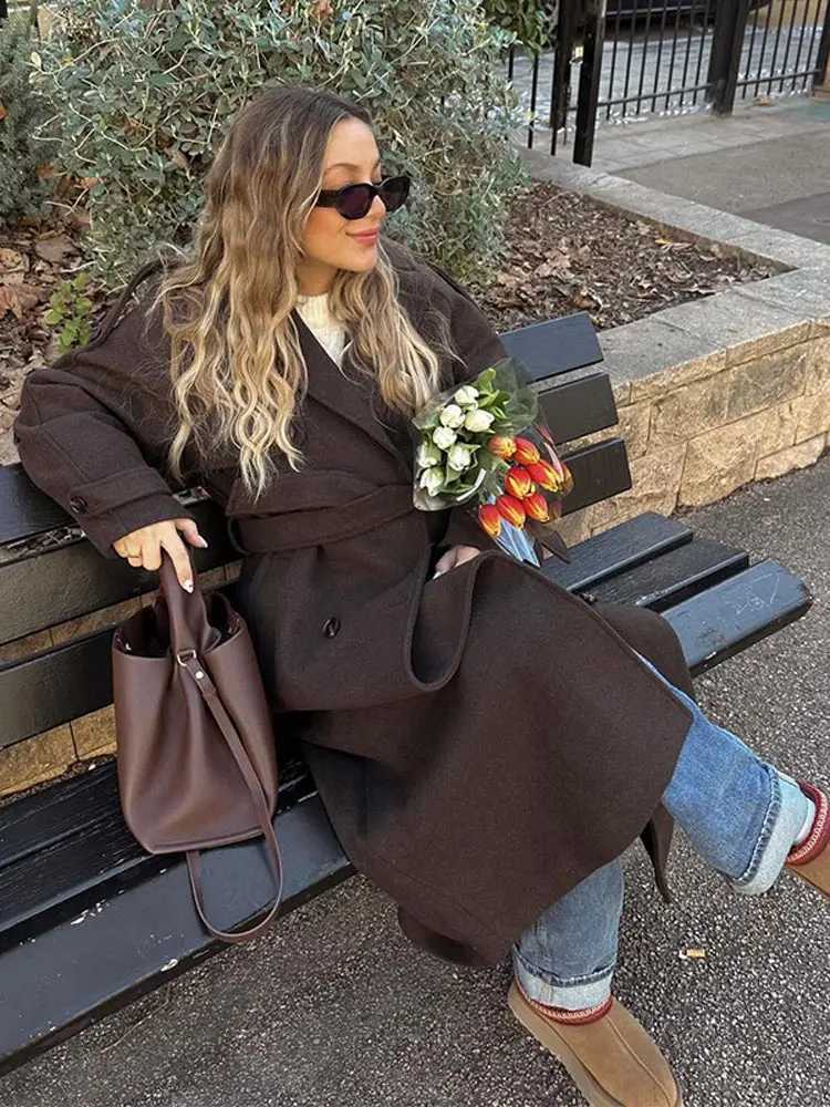 Elegant Brown Double-breasted Woolen Overcoat With Belt Women Long Sleeve Loose Lapel Casual Coat Autumn Warm Commute OutwearX241009