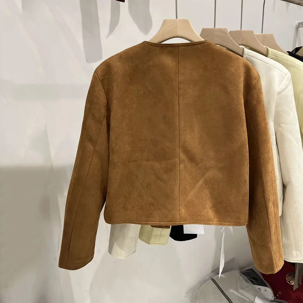 Spring Jacket Ladies French Small Fragrant Wind Suede Short Coat Womens Round Neck Solid Color Casual Tops Autumn Outwear 241018