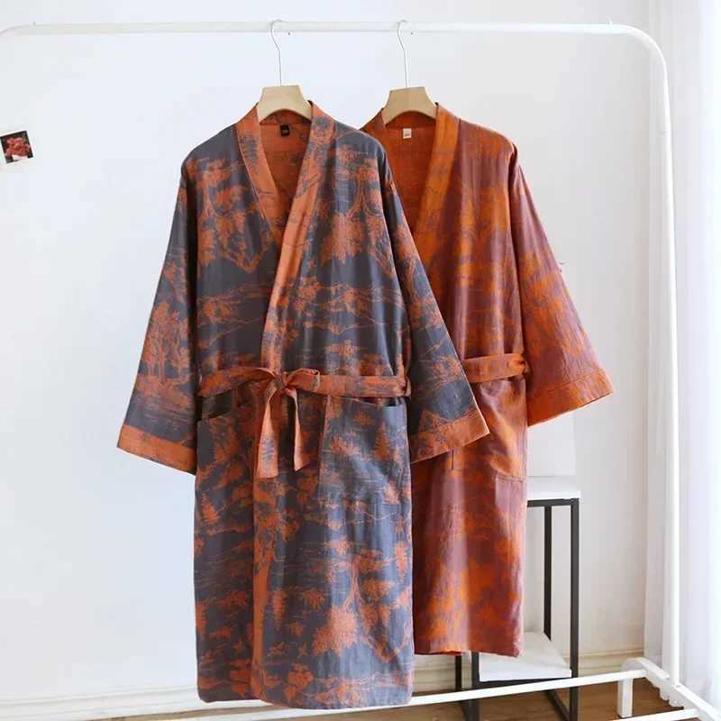 Womens Printed Cotton Loose Fitting Bathrobe Japanese Style Tie Up Kimono Bathrobe Sweat Steaming Cotton Pajamas Robes WomenXJ241018