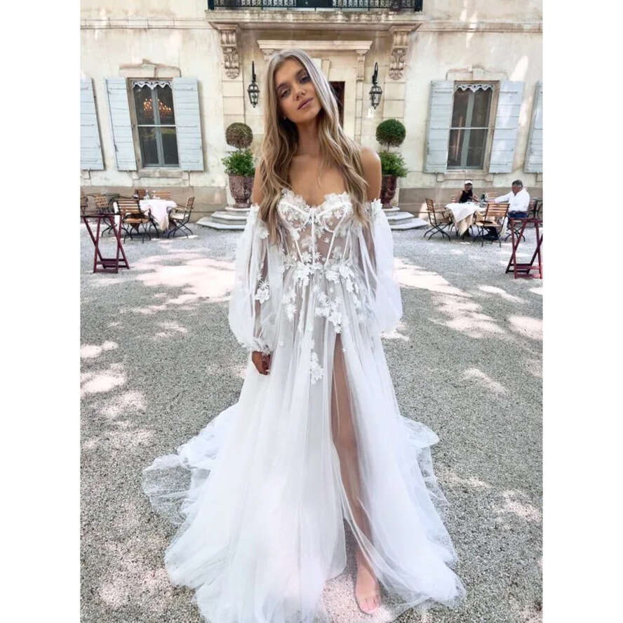 E Boho Dresses A Appliques Puffy Sleeve Tulle Designer Bridal Gowns Sweep Train Wedding Dress ppliques
