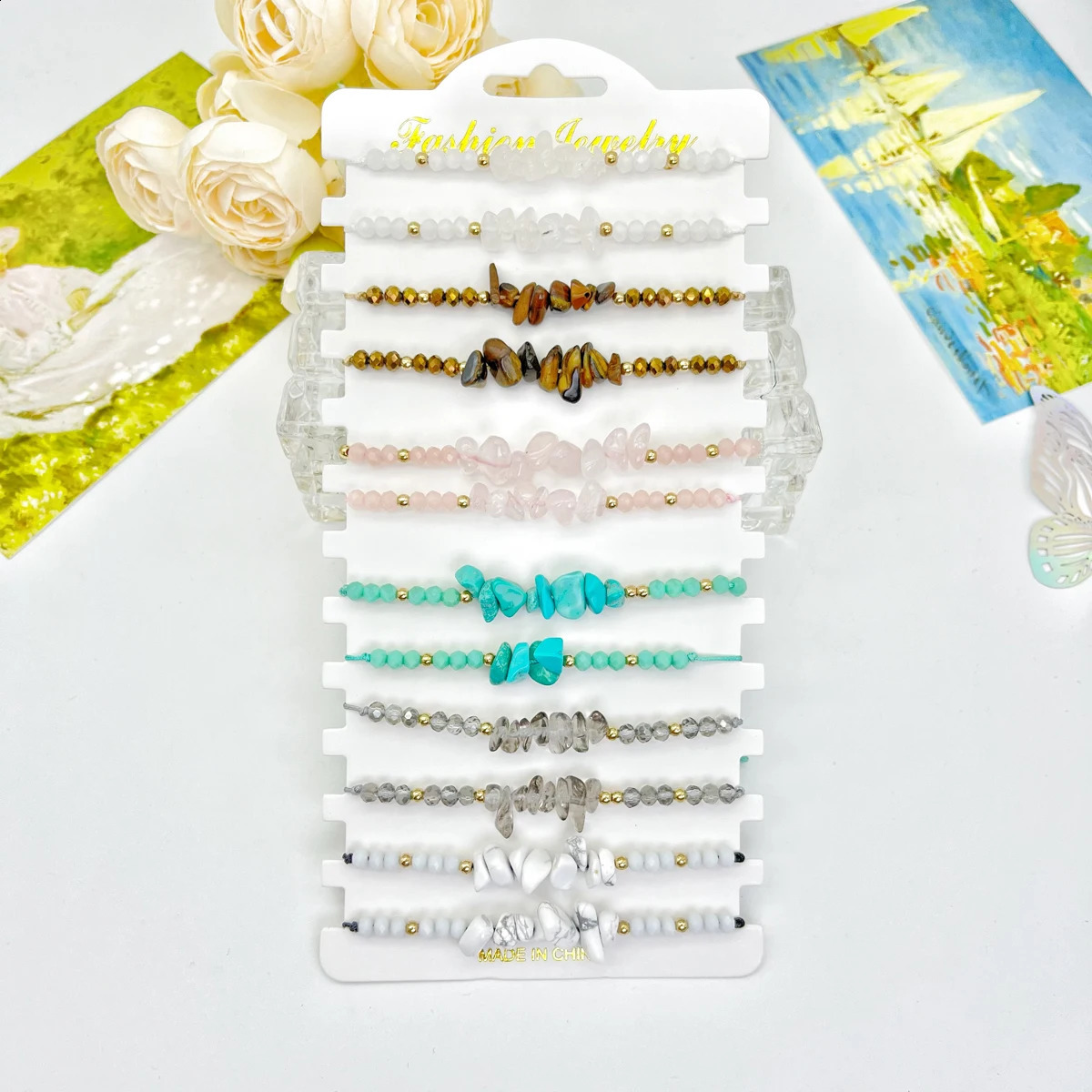 12 pieces/card multi-color natural stone hand woven bracelet irregular bead woven bracelet summer beach style 241018