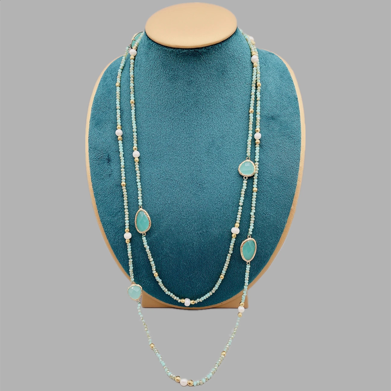 Faceted Cut Irregular Aqua Quartz Long Necklace 5-6mm White Freshwater Pearl 2mm Crystal and 50 inch Hammer Strike Gold Beads 241017