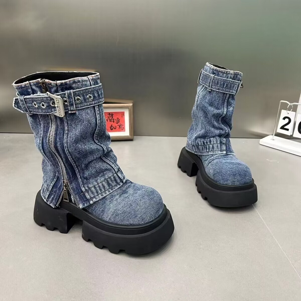 Martin boots 2024 new denim fake two-piece stacking boots motorcycle boots short boots spicy style zipper women's shoes