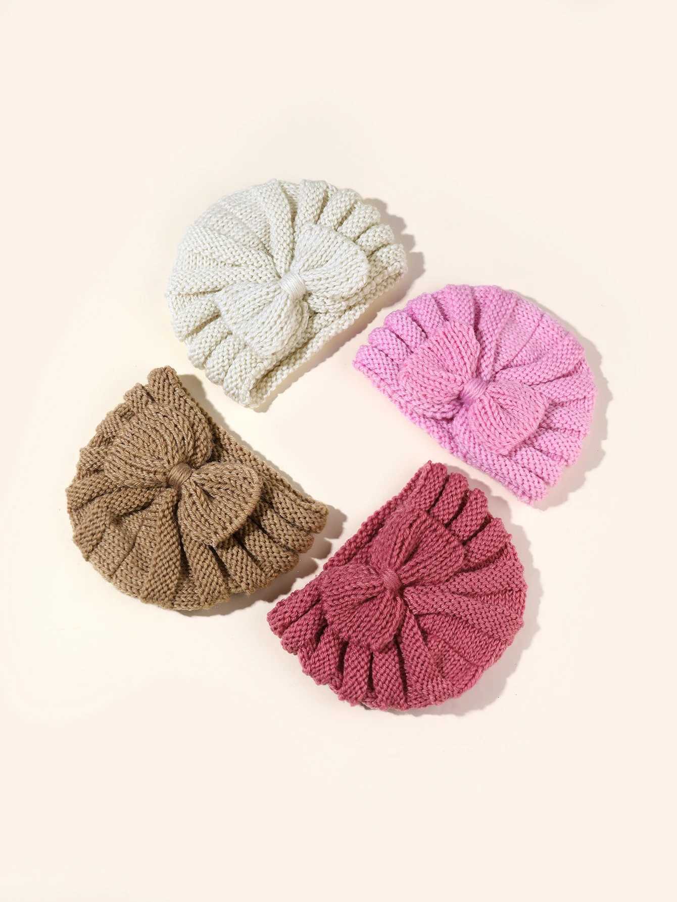 4pcs Bow Knit Baby Hat Girls Boys Elastic Bonnet Autumn Winter Warm Turban Hats Solid Color Woolen Cap Kids Accessories LX241018