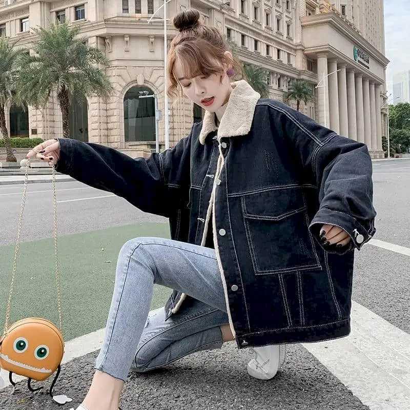 Womens Lamb Wool Denim Jacket Vintage Fashion Coats Autumn Winter All-match Thicken Korean Loose Mid-length Casual Jean JacketsX241018