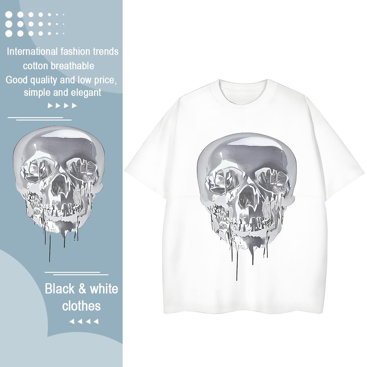 New Womens T Shirts 230g 100% Cotton Breathable Crew Neck Spring Summer skull Womens Tshirts Unisex Floral Print Polos