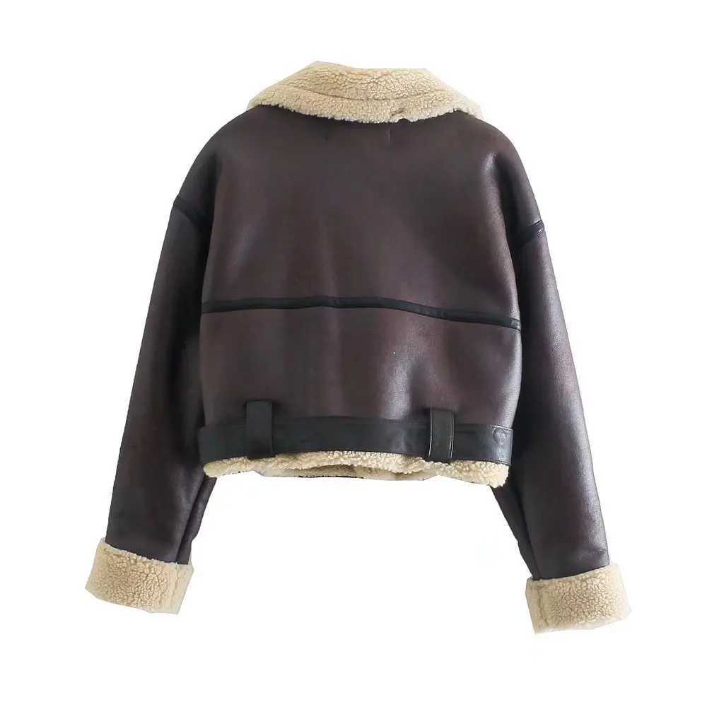 Women Jacket Winter Streetwear Faux Lamb Leather Fur Short Jacket with Belt Moto Biker Thick Warm Coat OutwearX241018