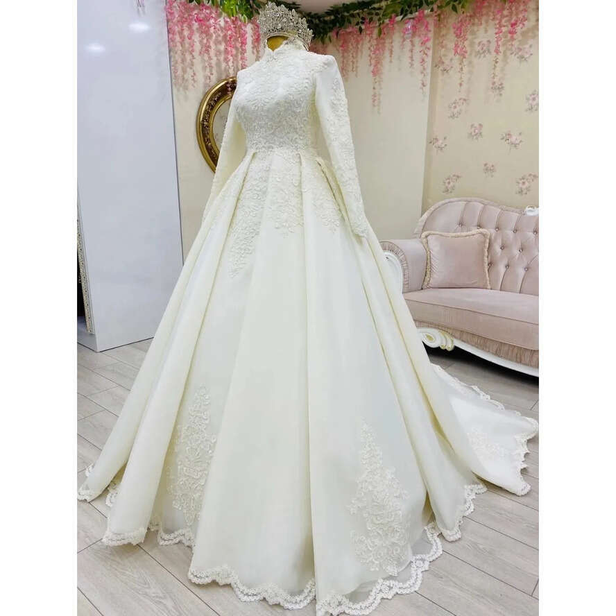 Long Arabic Saudi Muslim Sleeves Wedding Gowns Modest High Neck Lace Applique Beaded Bride Dresses A E Sweep Train Vestidos De Novia AL L