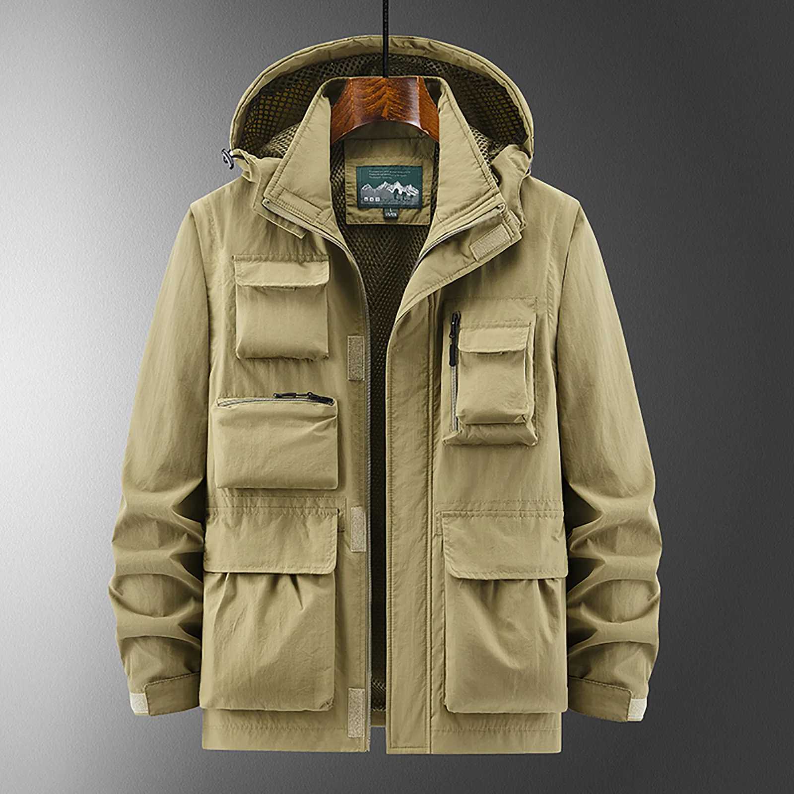 MenS Multi-Pocket Military Windbreaker Jacket Casual Detachable Sleeve Hooded Coat Waterproof Tactical Bomber Army Cargo Jacket LX241018