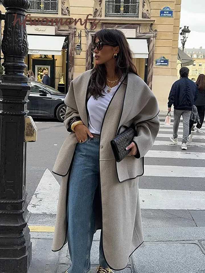 Elegant Woolen Patchwork Long Coat Women With Scarf Loose V-neck Full Sleeve One Button Overcoat Autumn Lady High Street OutwearX241009