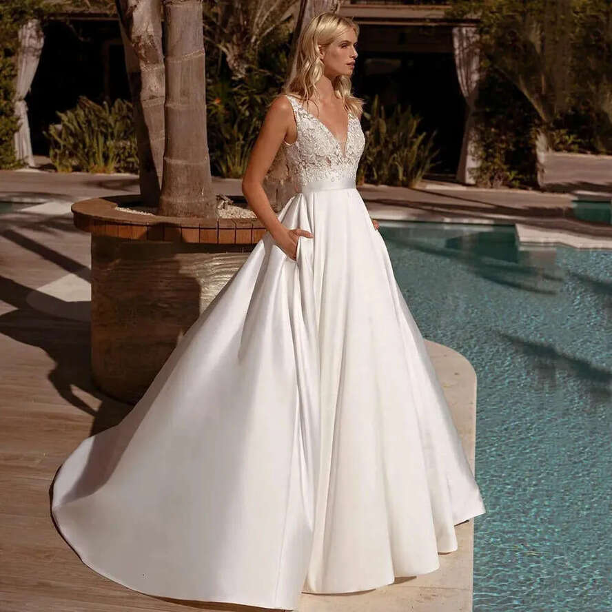Elegant A De E V Neck Noiva Boho Vestido Satin Lace Appliques Plus Size Wedding Gown Bridal Dresses Legant Estido Ppliques Stido 6660311