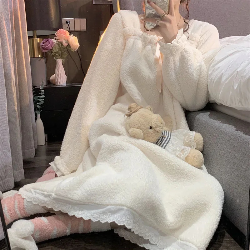 Princess Style womens long sleeved pajamas warm thick wool lining student winter clothing Korean version 241009