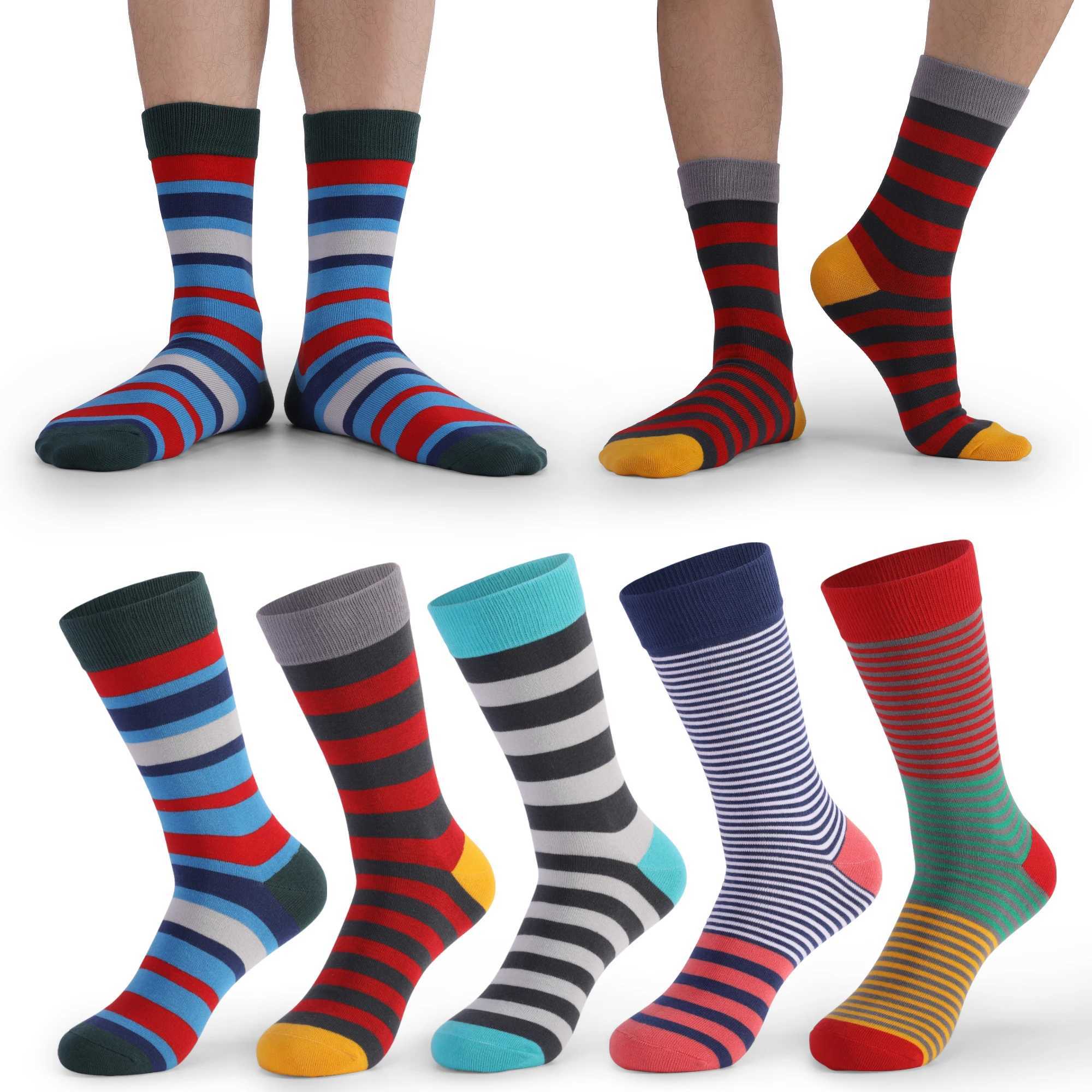 Men's Socks 5Pairs Mens Fun Dress Socks Pattern Funny Socks Pack Colorful Striped Combed Cotton Novelty SocksBreathable Plus Size Socks Y240830IO