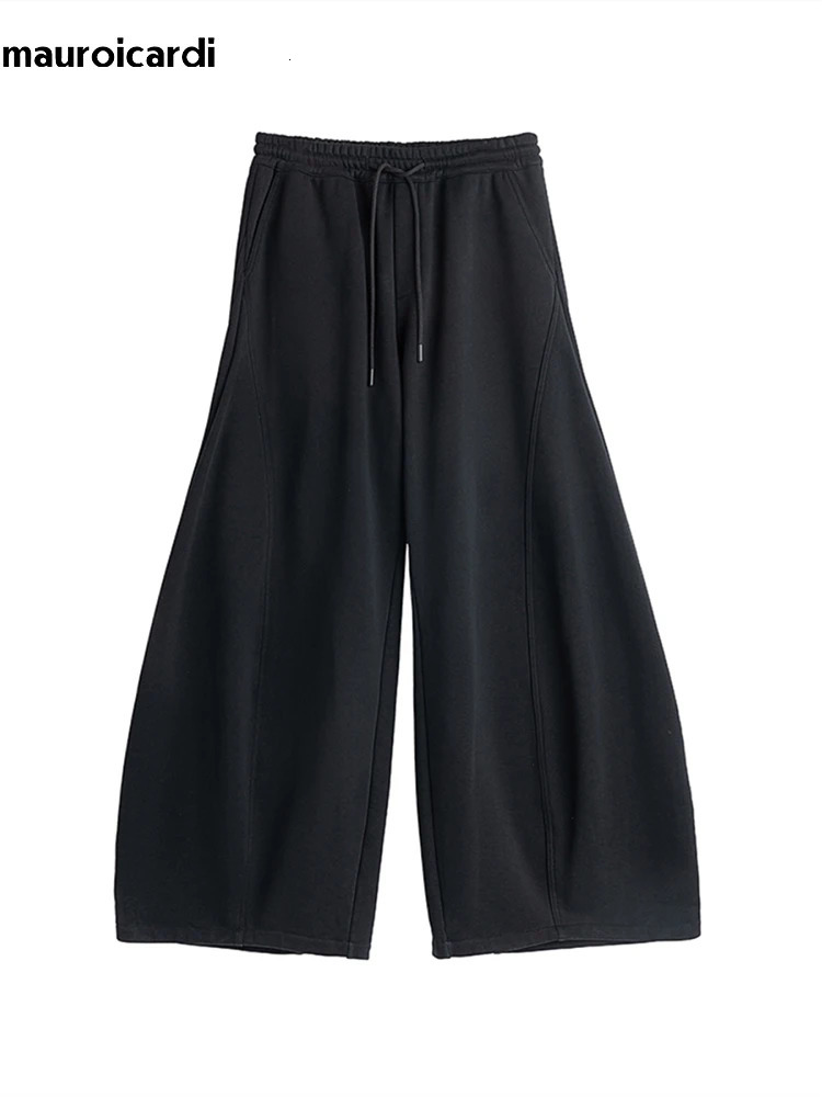 Mauroicardi Autumn Black Flowy Baggy Wide Leg Pants for Mens with Drawstring Elastic Waist Streetwear Loose Casual Soft Trousers 241018