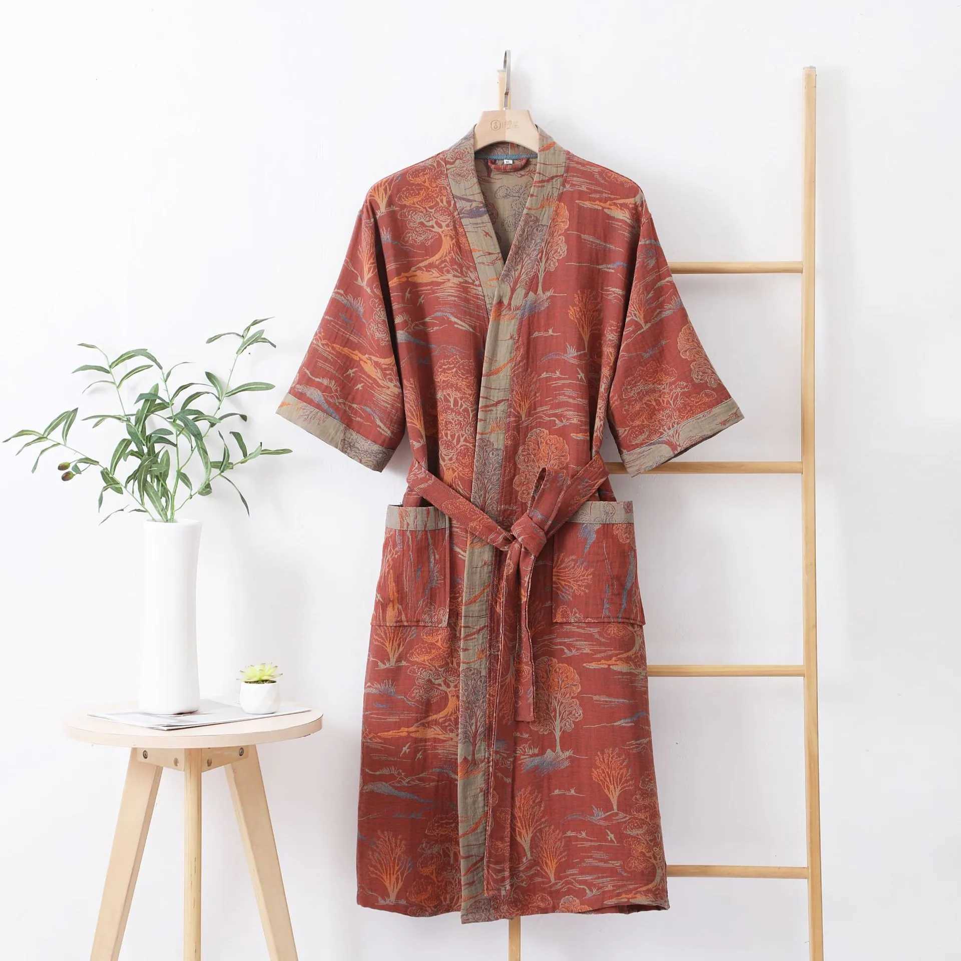Fashion 100% Cotton Double-layer Gauze Kimono Robe Women men Bathrobe New Print Cardigan Sleepwear Night Grow Hotel Spa RobeXJ241018