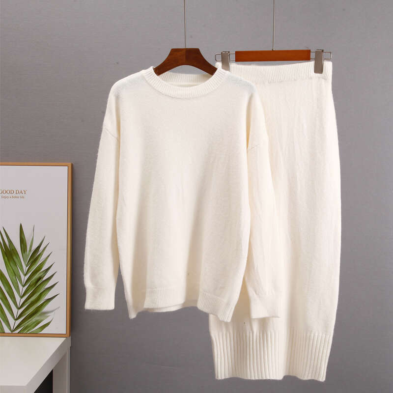 Hirsionsan Soft Elegant Vintage Women Suits 2023 New 2 Pieces Female Sets O Neck Sweater & Midi Dress Ladies Knitted Tracuit