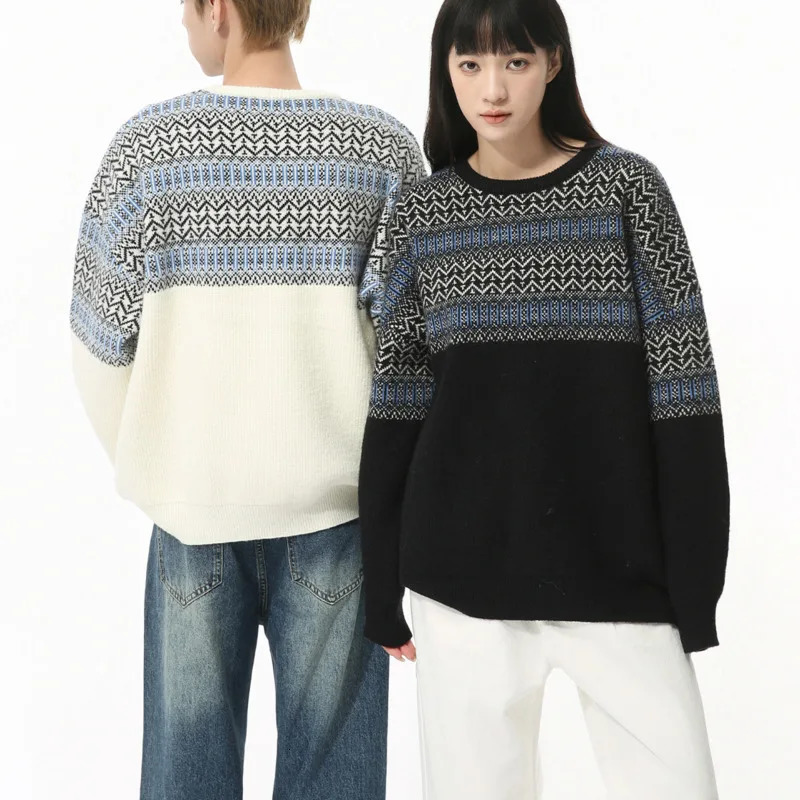 Mens Autumn Collection Korean Color Contrast Splicing Retro Round Neck Gentle Temperament Knitted Loose Sweater Hoodie 241018