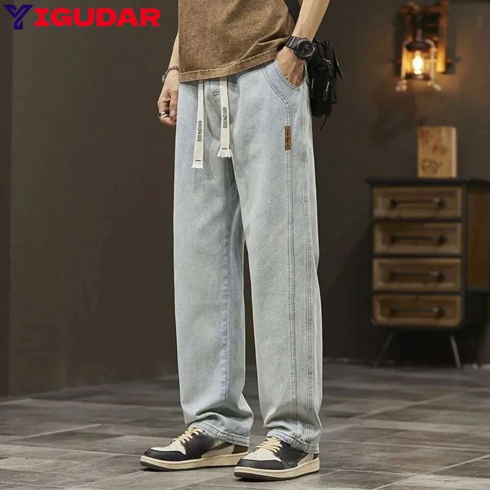straight men's wide legged denim casual trousers Korean style Sportswear clothing men pants baggy jeans