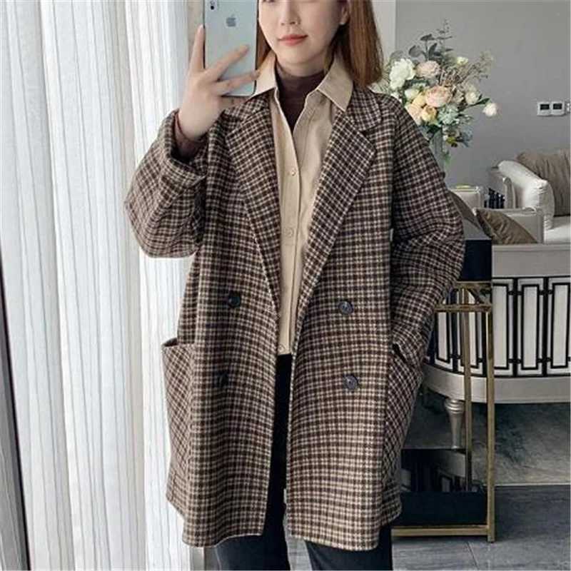 Woolen Suit Jacket Womens Outwear Retro Mid-length Plaid Coats Autumn Women Trench Coats Thin Overcoats OL Casual Female CoatX241009