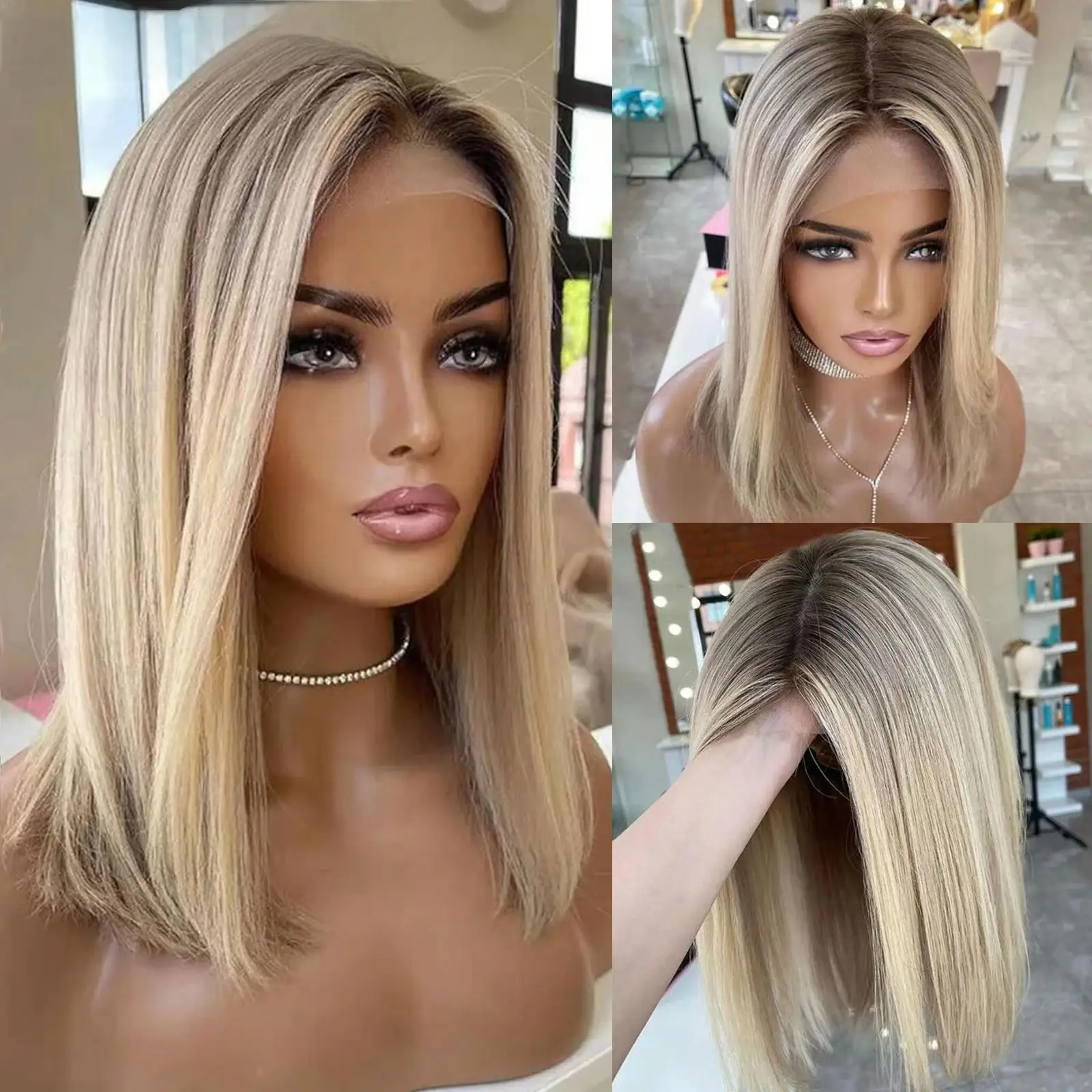 Ombre Ash Blonde Color Highlight Wig Short Straight Bob Human Hair Lace Front Wigs 5x5 Lace closure Frontal Wigs For Women Pre Plucked