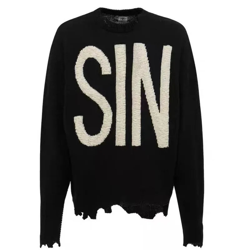 Black Letter Embroider Sweater Men Irregular Tassel Damaged Oversize Loose Pullover for Male 241018