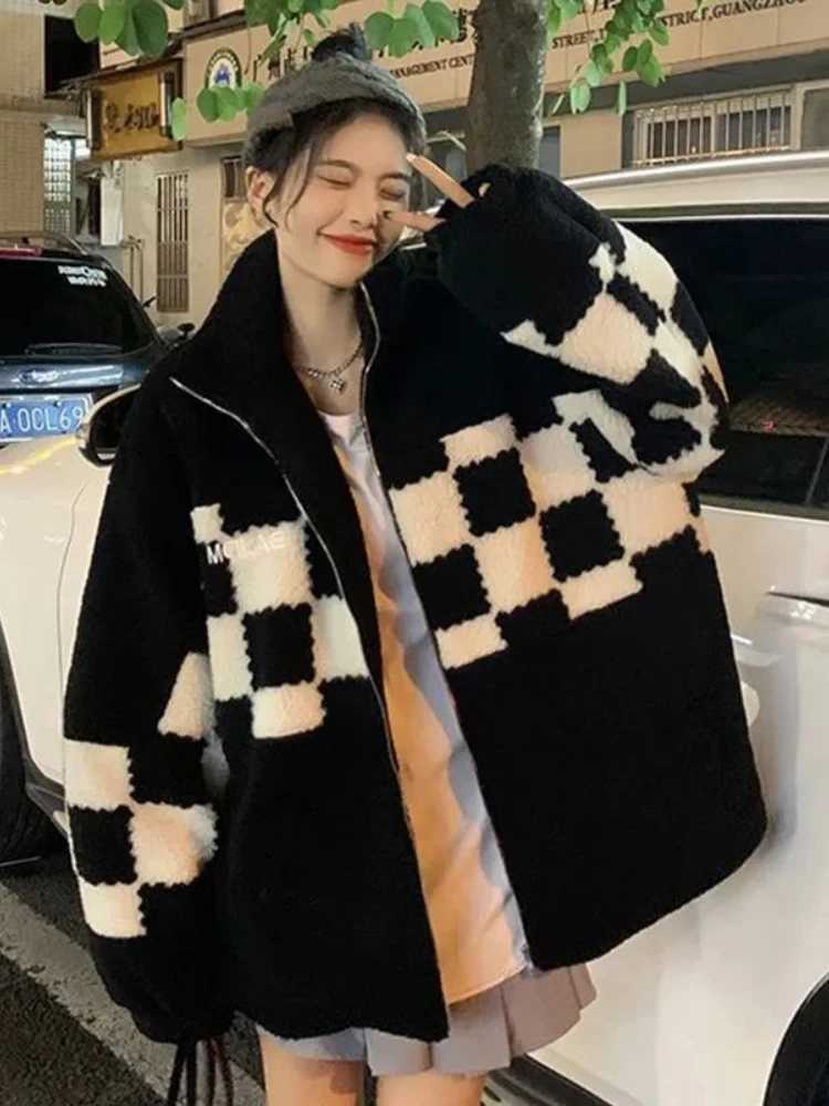 Deeptown High Street Zip Up Plaid Quilted Coat Women Harajuku Lamb Wool Jacket Retro Patchwork Loose Winter Outwear Preppy StyleX241018