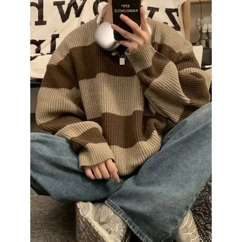 Korean style patchwork striped sweater for men in autumn and winter lazy loose knitted round neck retro trendy 241018