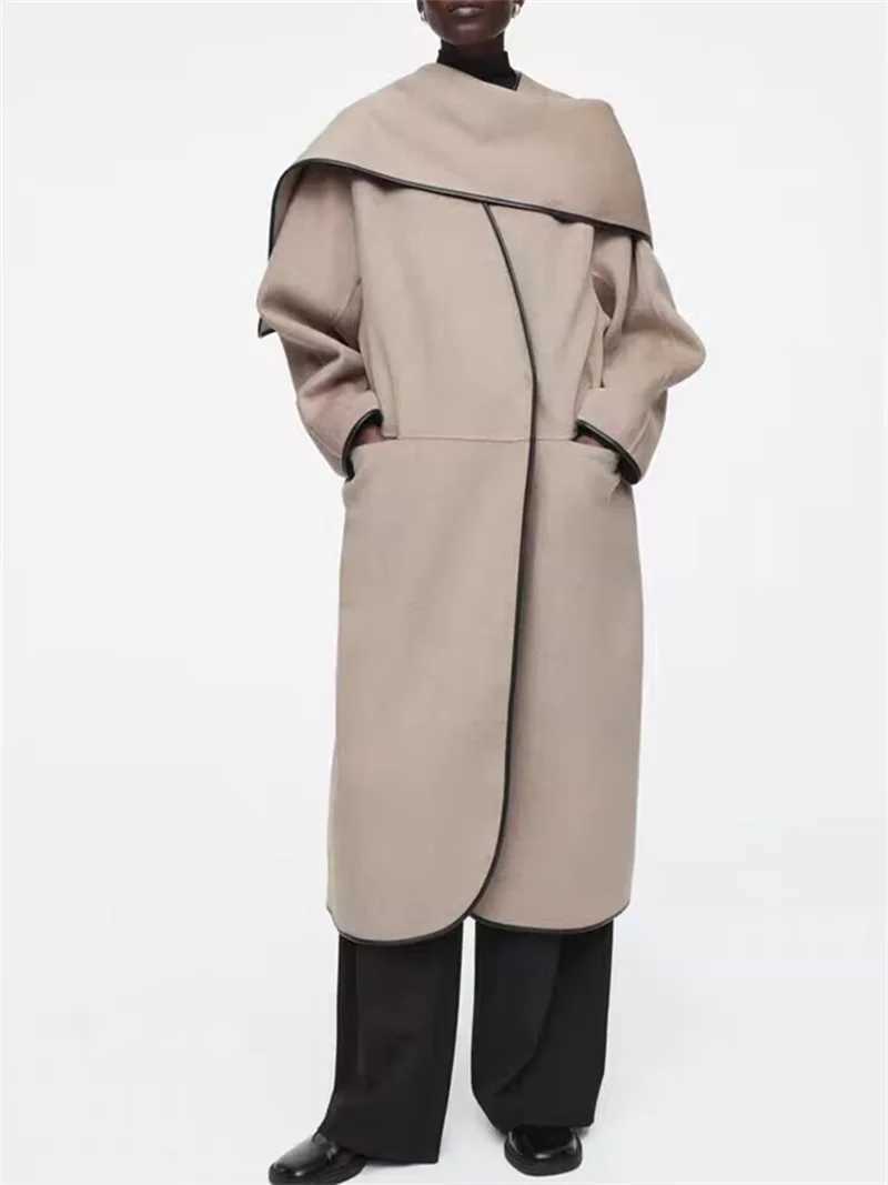 Womens Wool Blend Scarf Woolen Coat 2024 Winter Solid Color Long Sleeve Ladies Casual Loose Straight Warm Mid-Length JacketX241009