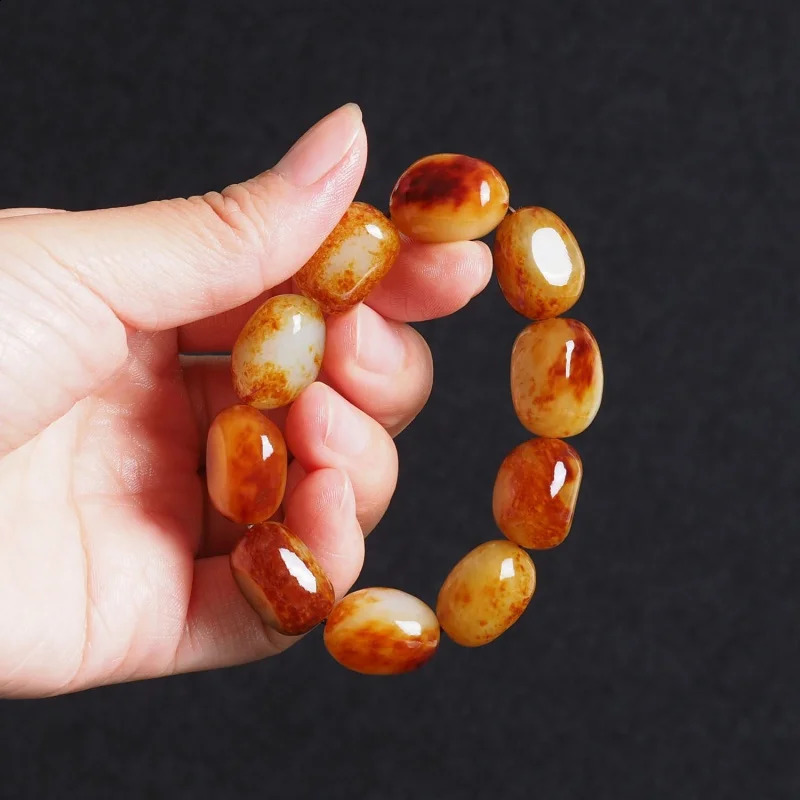 Hetian Pebble Bracelet Natural Dispersed Bead White Jadeite Coarse Stone Pendant for Men and Women Red Leather 241018