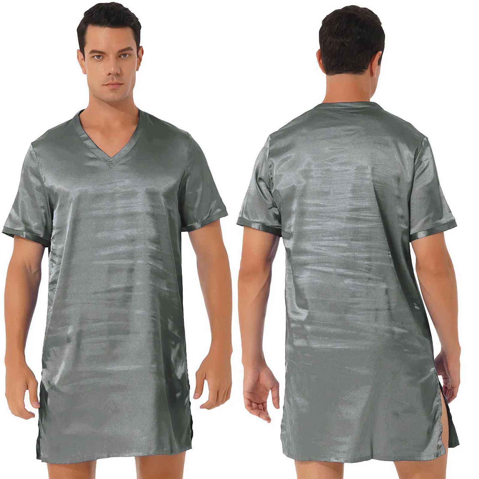 Men Women Satin Pajamas Nightgown V Neck Short Sleeve Bathrobe Sleepwear Pijama Nightclothes Homewear Sides Split NightwearXJ241018