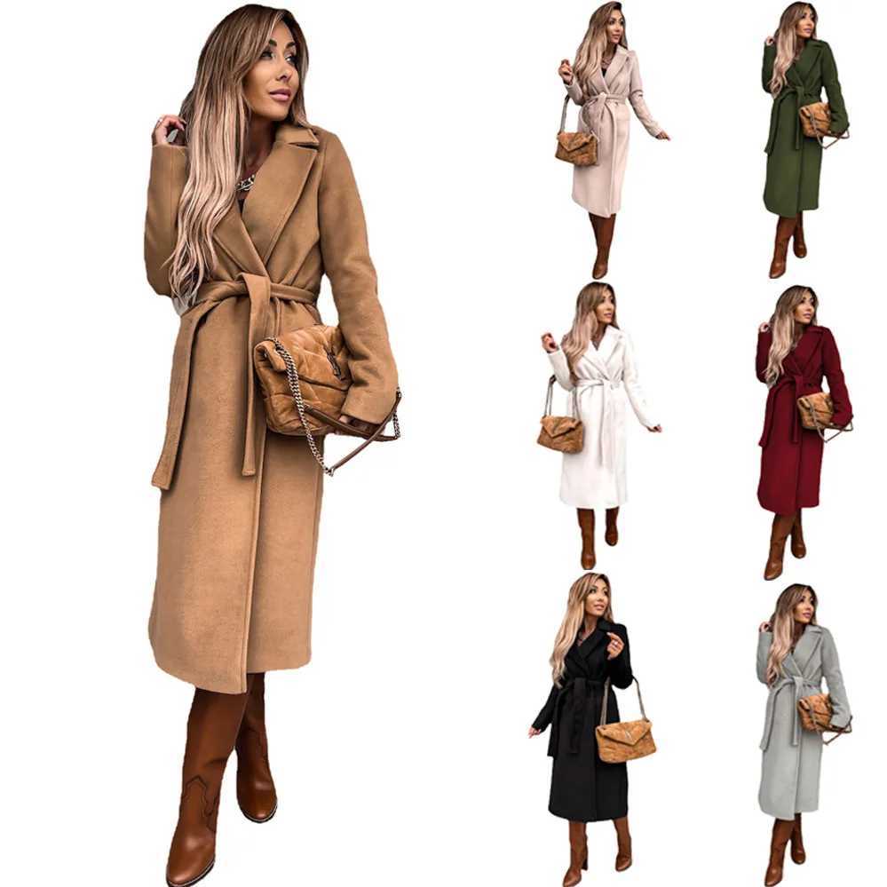 European and American autumn and winter coats for womens clothing Solid color lapel Long sleeved woolen womens coats Simple stX241009