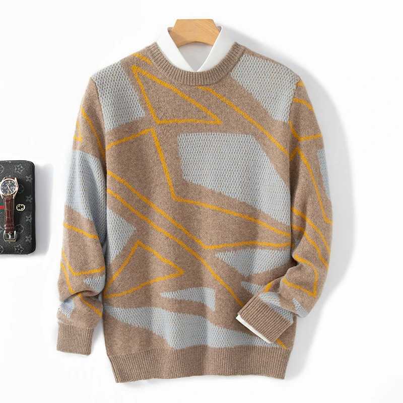 100% pure wool mens Oneck thick color matching sweater autumn and winter business casual loose knit cashmere 241018