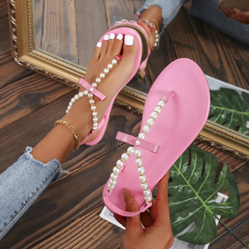 New Summer Women S Flat Clip Toe Pearl String Sandals For Plus Size Flip Flops Trendy Beach Pink Shoes Ddmythur