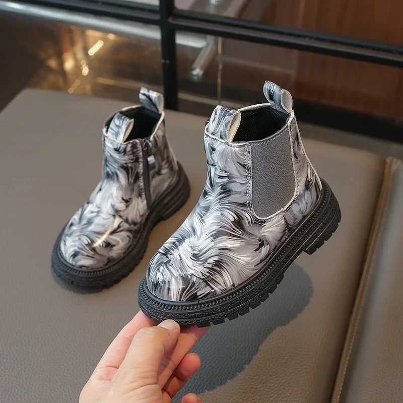 Boots Girls Ankle Boots Kids Chelsea Boots Fashion Flower Prints Rubber Outsole Toddlers Children Fashion Boots 2024 Autumn Winter New H241018