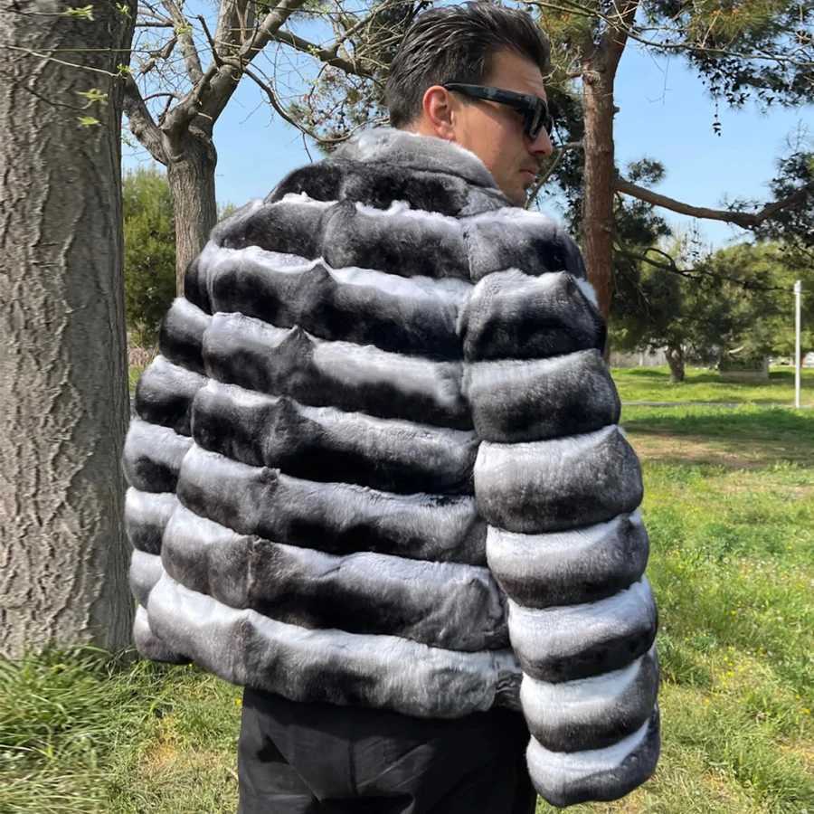 Mens Winter Rex Rabbit Fur Coat True Fur Jacket Mens Luxury Jacket Chinchilla 2024 Fashion Fur Jacket Mens W241017