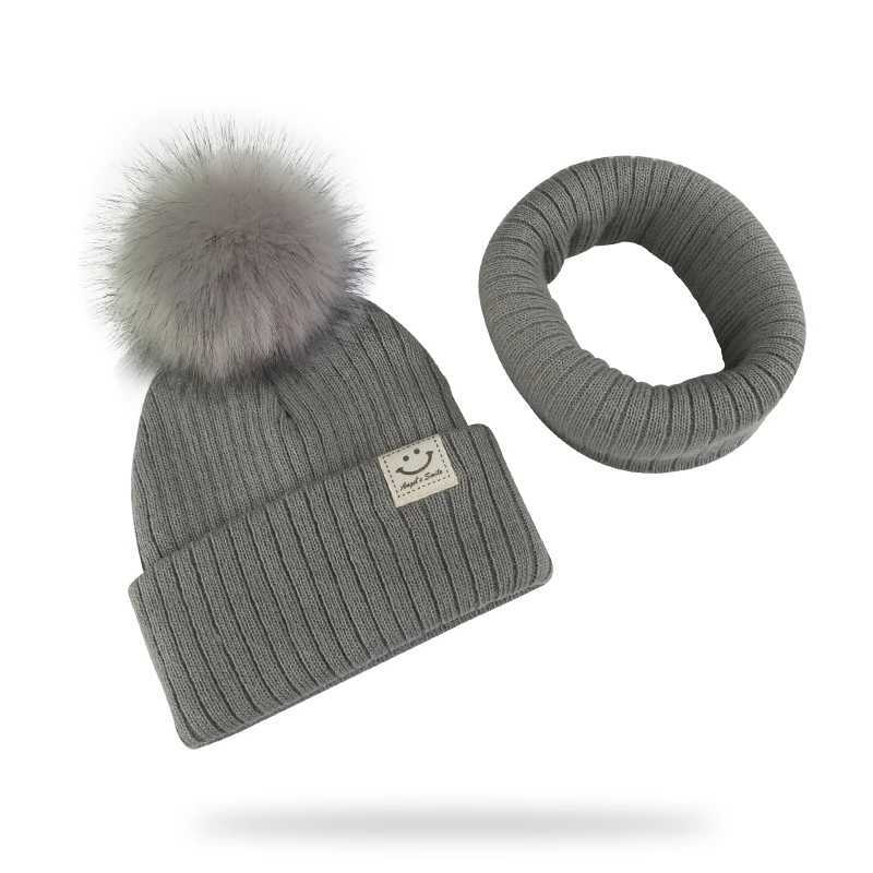 Winter Unisex Faux Fur Pompon Hat Scarf For Kids Boys Girls Knitted Baby Caps With Pompom Bonnet Childrens Accessories LX241018