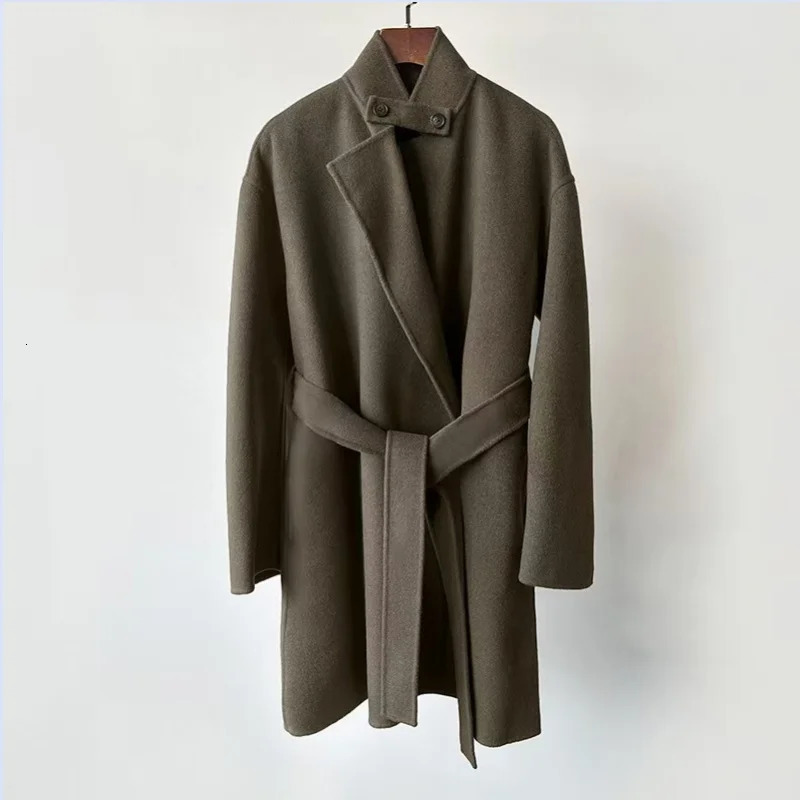 Heavy duty woolen fabric from Sweden niche stand up collar without buckle waistband mid length coat jacket 241018