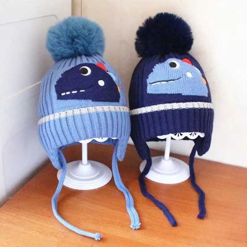 Winter Childrens Thickened Knitted Hats For Boy Girl Cotton Warm Hat Dinosaur Kids Toddler Ear Protection Beanies Cap LX241018