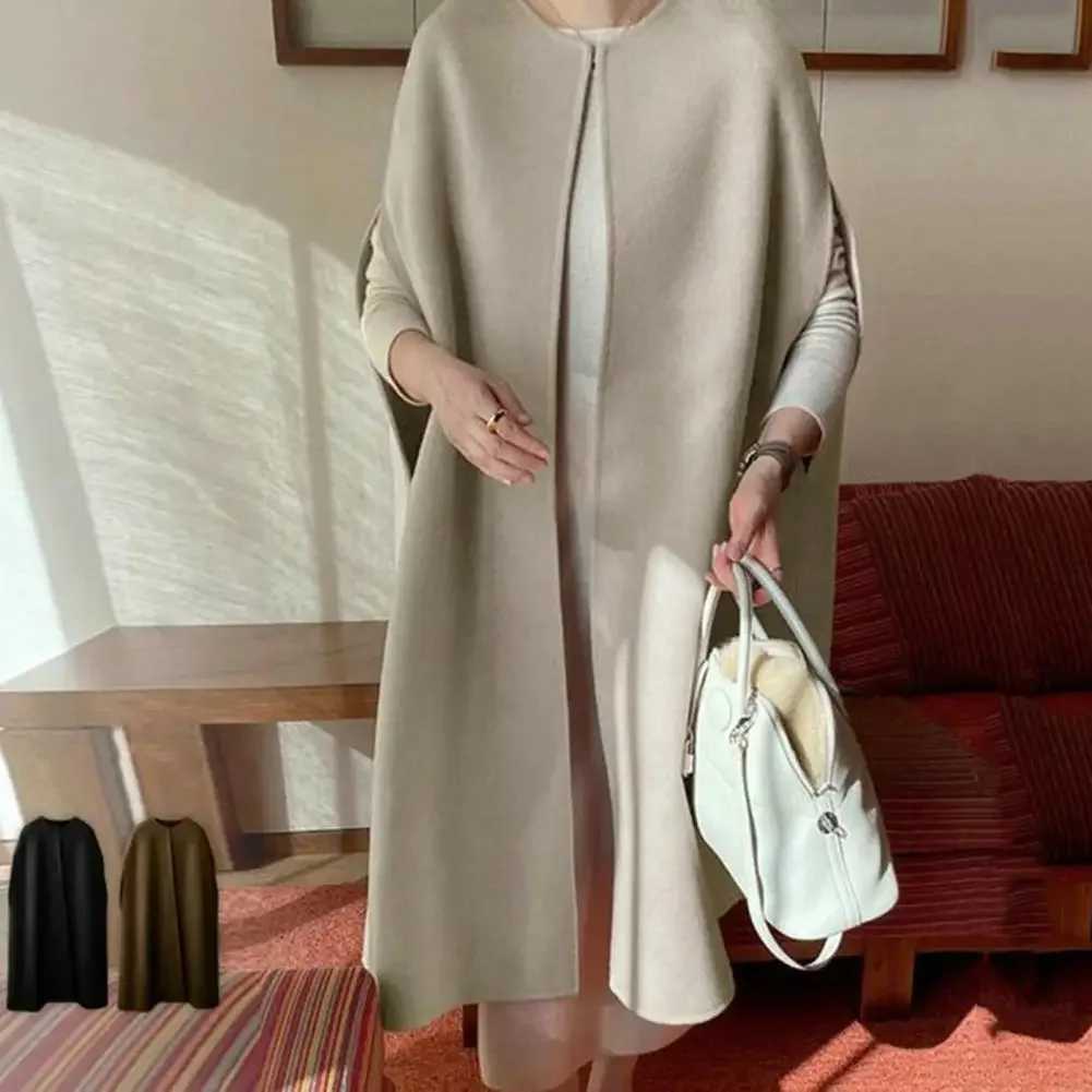 Winter Cape Windproof Woolen Coat Sleeveless Women Winter Mid-calf Length Open Front Woolen Cape Coat Cold ResistantX241009