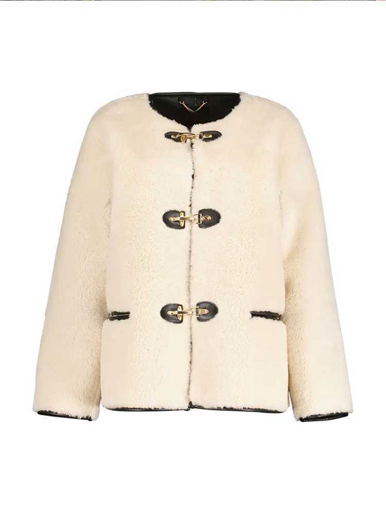 Women Fashion Solid Lamb Wool Coat Casual O-neck Buttons Long Sleeve Double Pocket Plush Jacket Autumn Winter New Lady OuterwearX241018