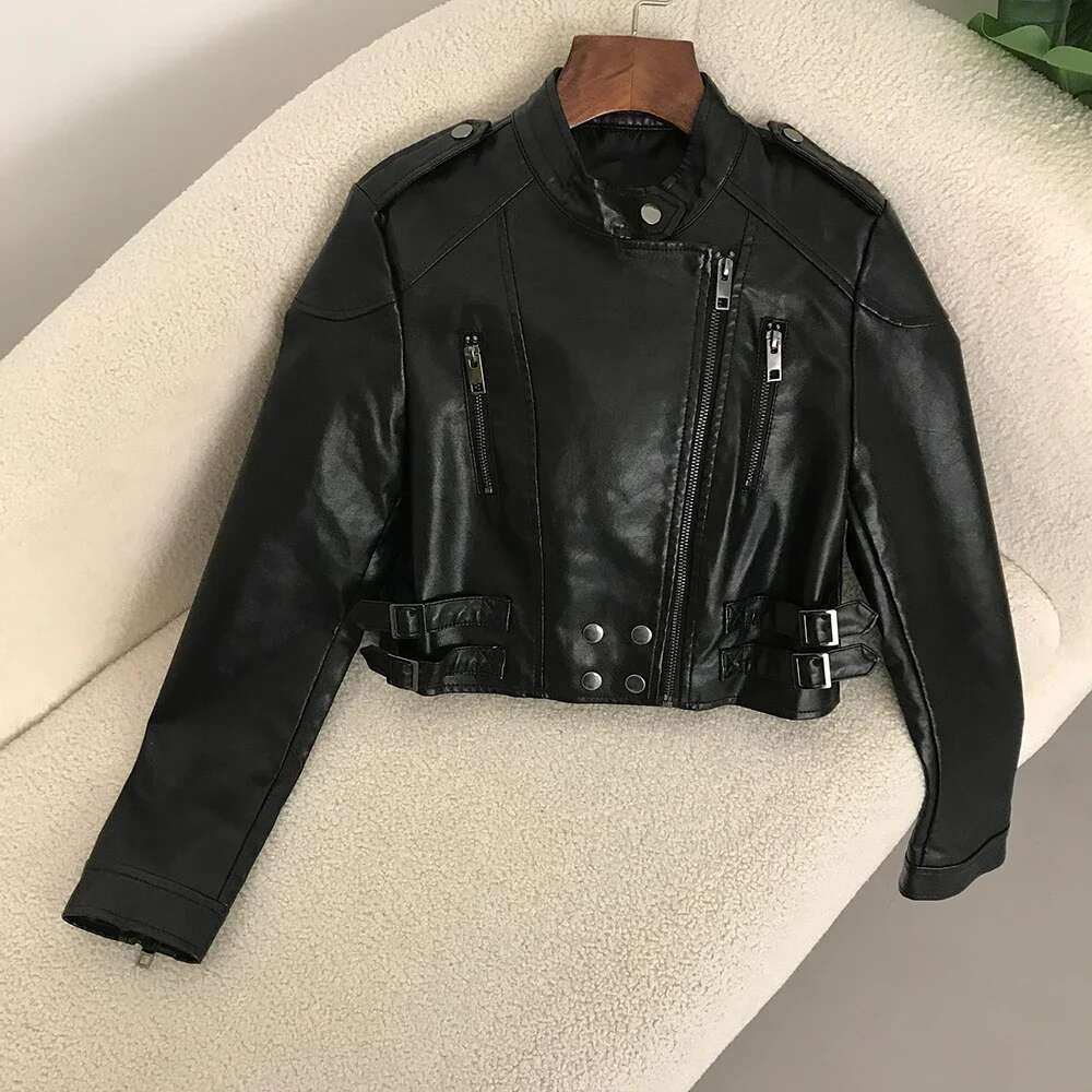 New Faux Leather Biker Women High Waist Fashion Slim Short Motorcycle PU Coat Spring Cropped Jacket Female