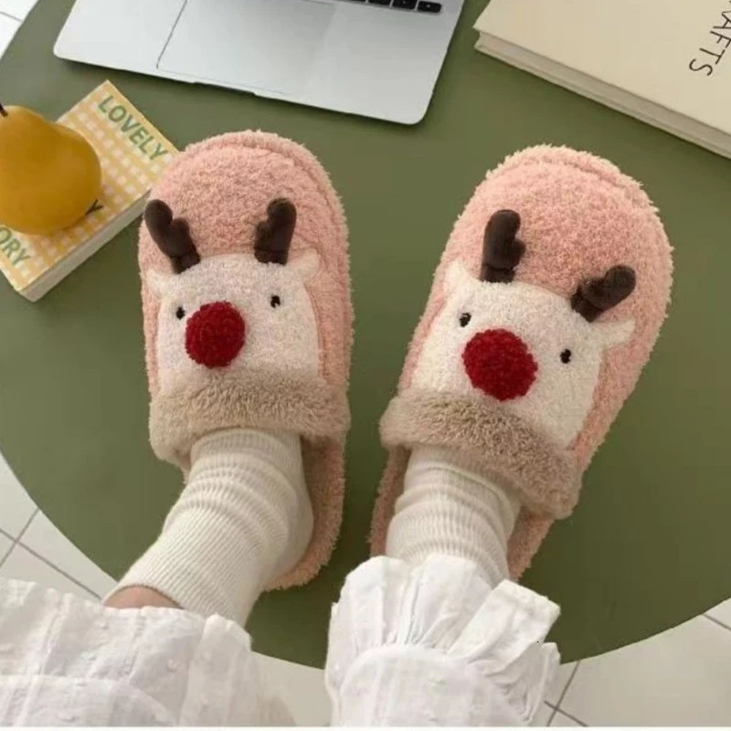 Winter cute cartoon deer slider womens indoor floor fur quiet sandals couple Christmas plush slider girl casual warm slider241018bj