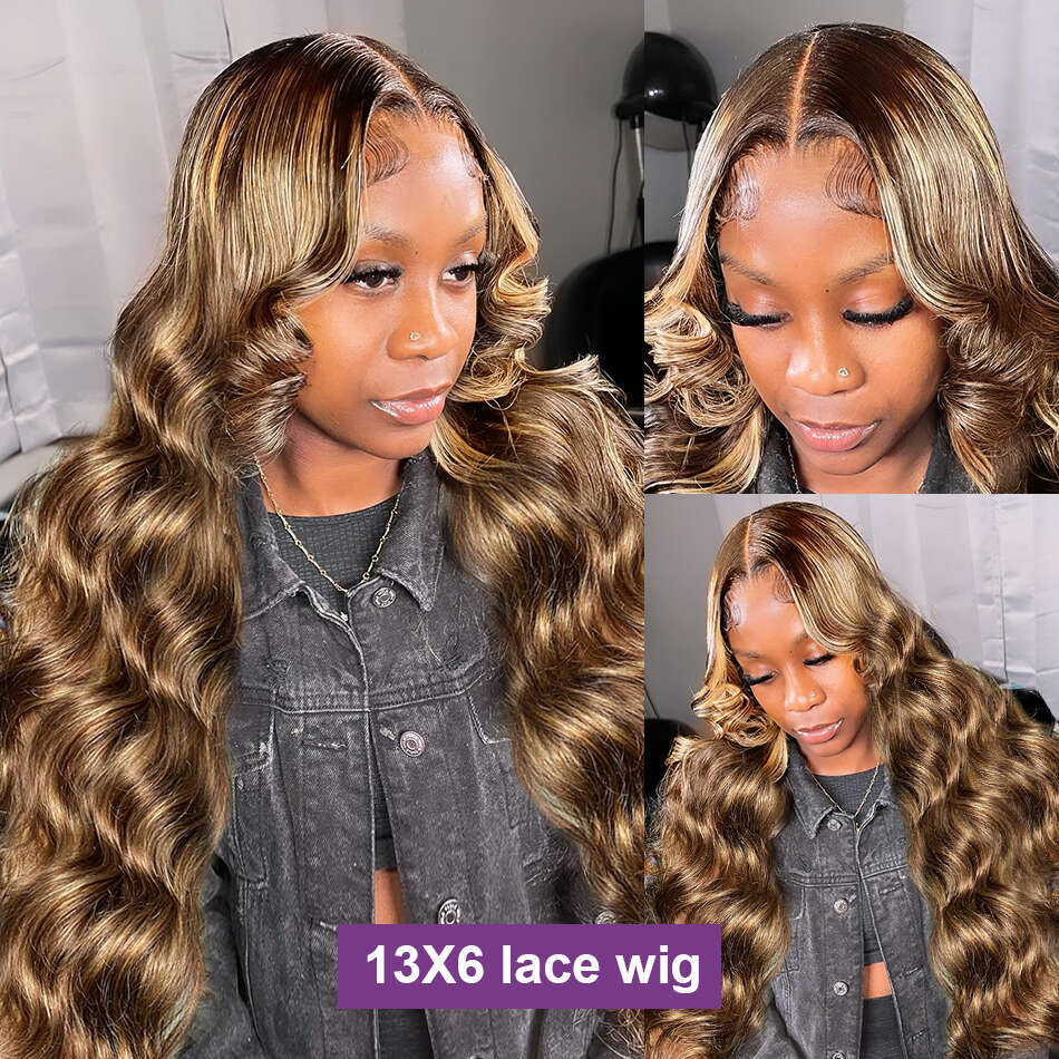4/27 Highlight Body Wave Human Hair Brazilian 30 32 Inch Colored Ombre Blonde 13x6 HD Transparent Lace Frontal Wig For Women