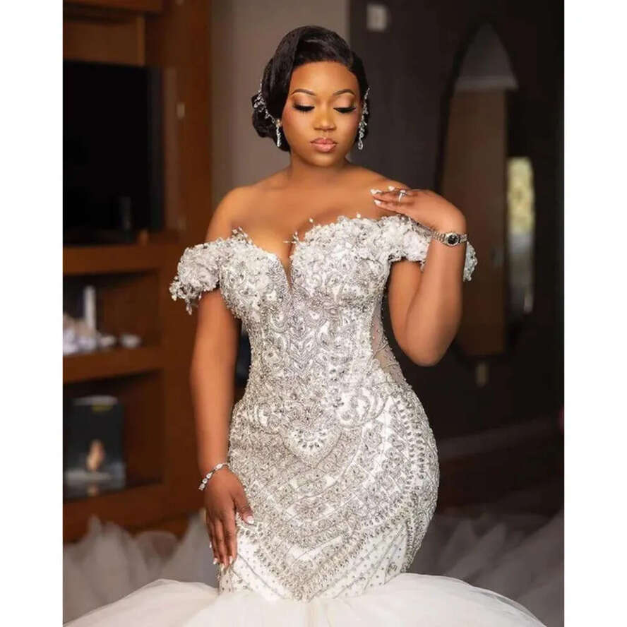 Arabic Aso Oct Ebi Urious White Mermaid Wedding Dress Beaded Crystals Tulle Bridal Gowns Dresses ZJ Es es