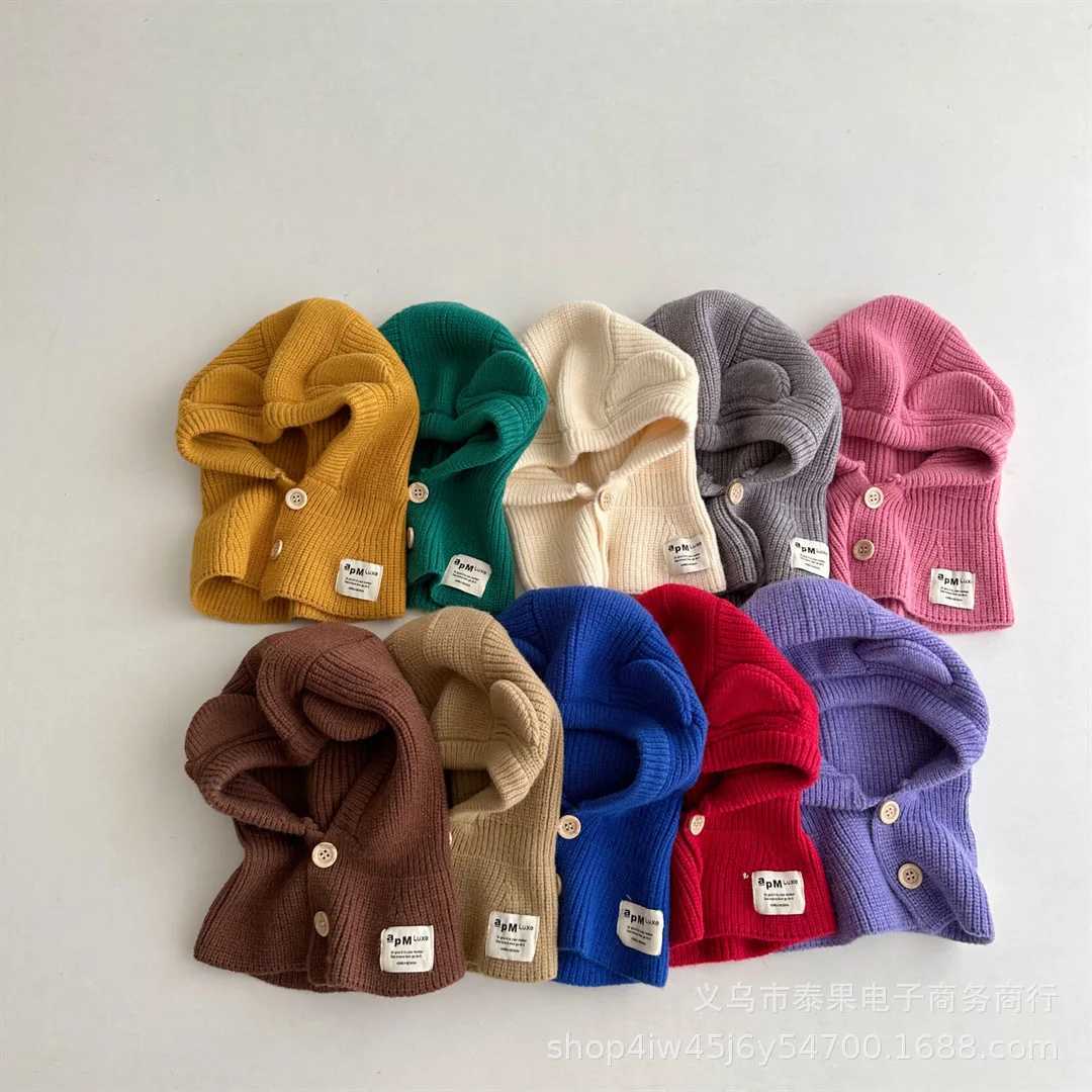 Cute Bear Baby Balaclava Hat Winter Warm Ear Protection Cap Scarf One Piece Solid Color Kids Boy Girl Knit Wool Hats LX241018