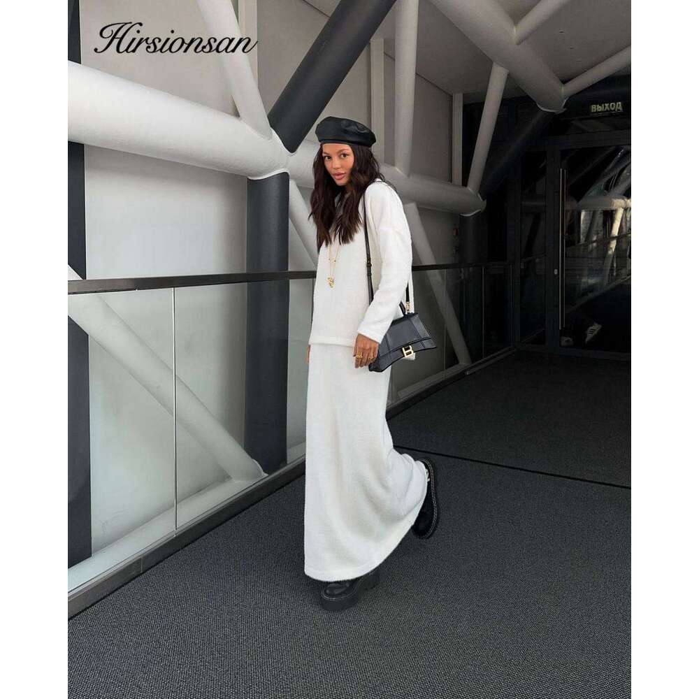 Hirsionsan Soft Elegant Vintage Women Suits 2 Pieces Female Skirt Sets O Neck Sweater & Midi Dress Knitted Tracuit